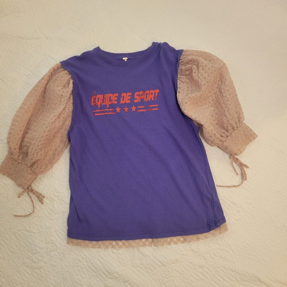 Free People Just Met Tee in‎ Sport Combo Purple Pink Ruffle Sleeves Small - Picture 8 of 14